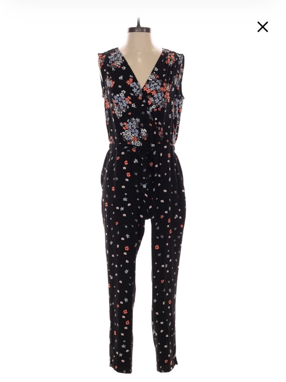 LOFT Black Floral Sleeveless Tie-Waist Jumpsuit